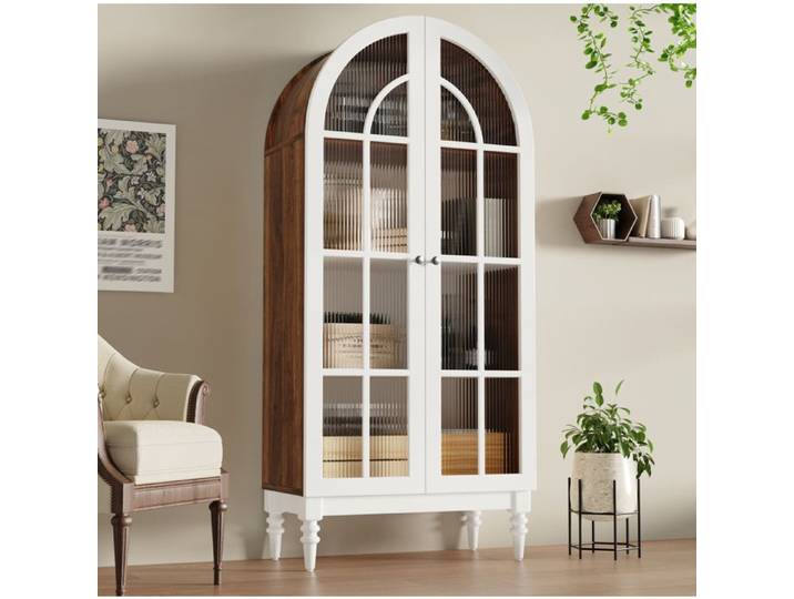 Vitrine haute arche 2 portes verre strié 3 étagères anti-poussière - LPOSPI - MDF métal blanc et noyer