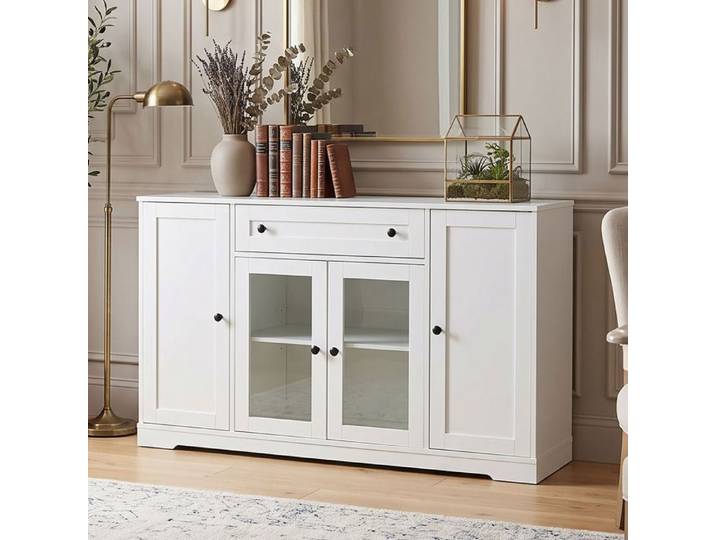 Buffet Enfilade 138x40x83cm Grand Rangement 4 Portes dont 2 Vitrées et 1 Tiroir