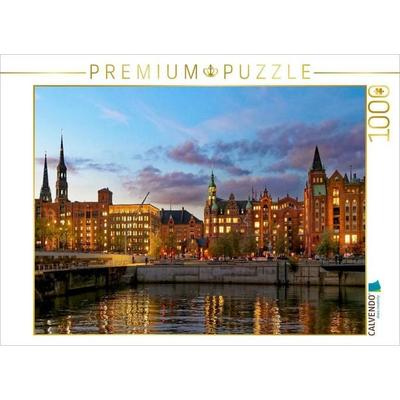 CALVENDO Puzzle Abendlich beleuchtete Kontorhäuser über dem Brooktorhafen | 1000 Teile Lege-Größe 64x48cm Foto-Puzzle für glückliche Stunden