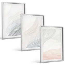 BILDER SET 3er Set - 40x60 cm Silberner Rahmen - Abstrakte Wellen, Karton, Pastell