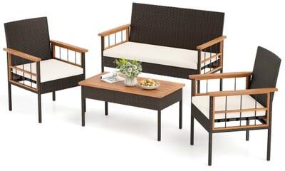 Costway 4 Pieces Wicker Furniture Set with Acacia Wood Tabletop and Armrests for Porch-White