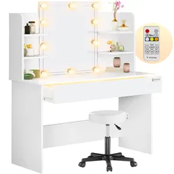 Schminktisch Lucia Weiß 140x110x40cm mit LED + Rollhocker