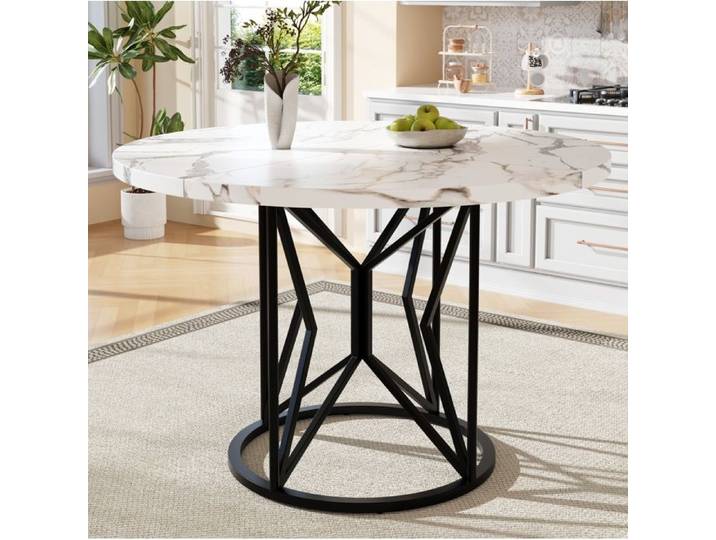 SENVIRO table à manger ronde esprit marbre métal 100x100x76cm noir