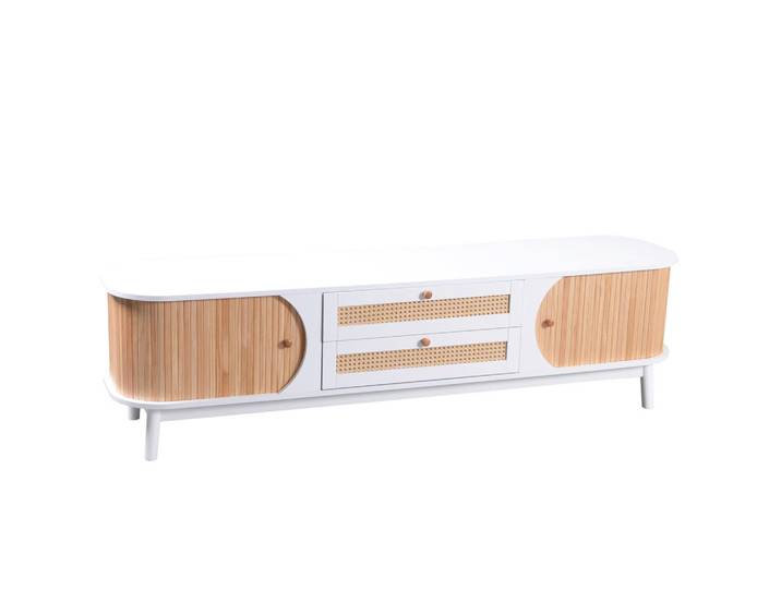 ComfortXL Lowboard De-40577 Mit Rattan-Design Weiß, 170x46x39.5 cm, Wohnzimmer, TV Möbel, Lowboards, Lowboards stehend