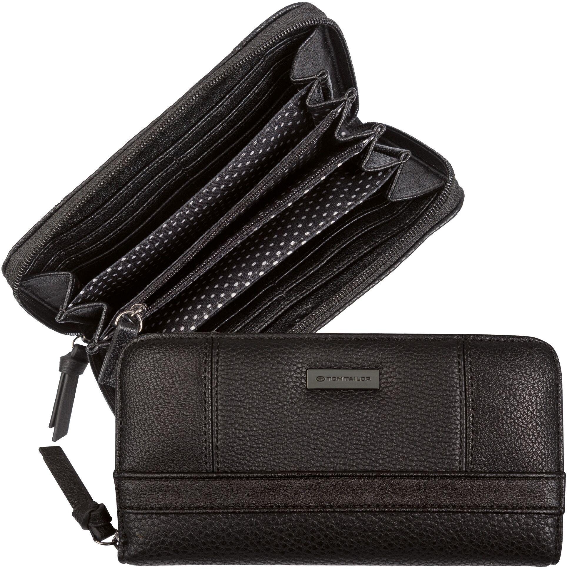Geldbörse TOM TAILOR "Juna", Damen, schwarz, Polyurethan, gepflegt, kontrastfarbene Details, mehrfarbig, Kleinlederwaren Geldbörse, aus soft genarbtem ledrigen Material mit glänzenden Metall-Accessoires schwarz Einheitsgröße
