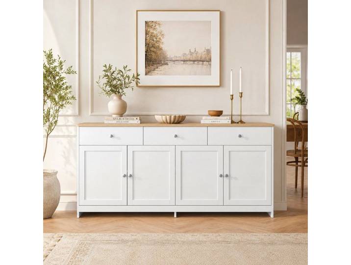 Buffet Moderne Buffet bahut 3 tiroirs 4 portes Buffet Bas Blanc Brillant 160 x 37x 75 cm