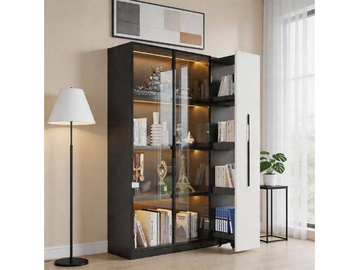 Armoire multifonction - 110 5x35x160 cm - MDF + verre - Éclairage LED intégré - Tiroir latéral sur roulettes