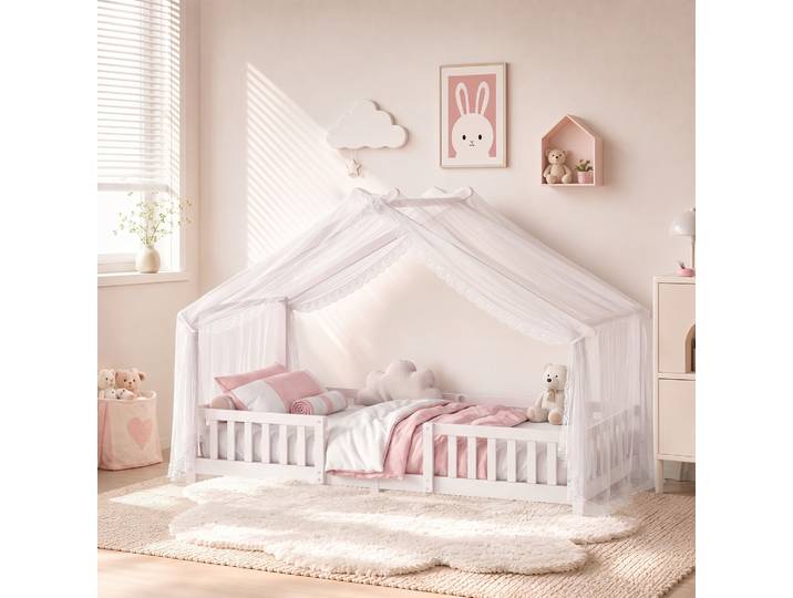 AIYAPLAY Lit Cabane Enfant 90x200cm Maison Barrières Blanc