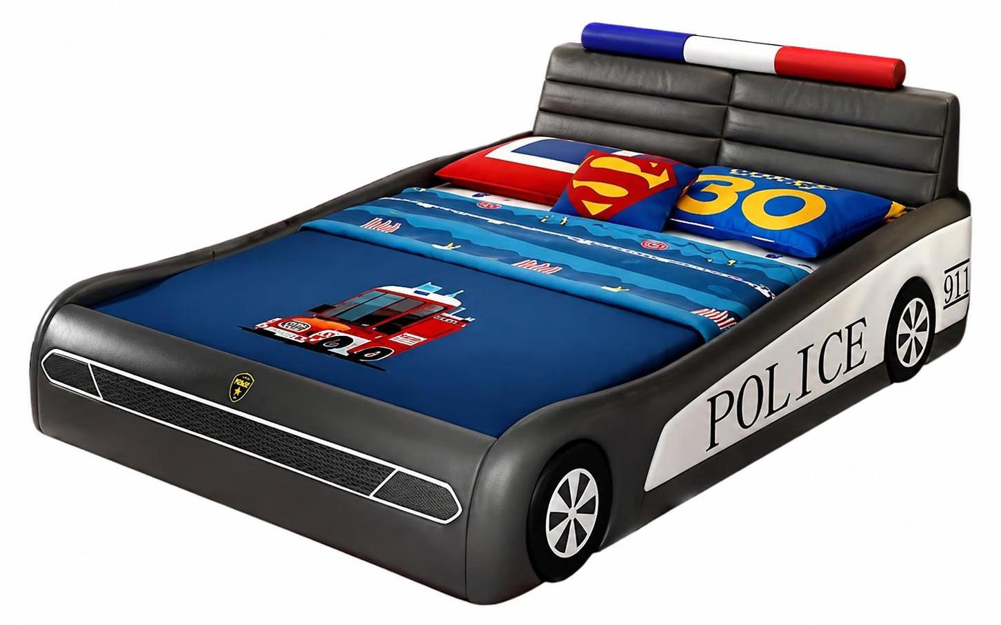 Schwarzes Kinderbett Polizeiauto LED Bett für Jungen Kinderbetten