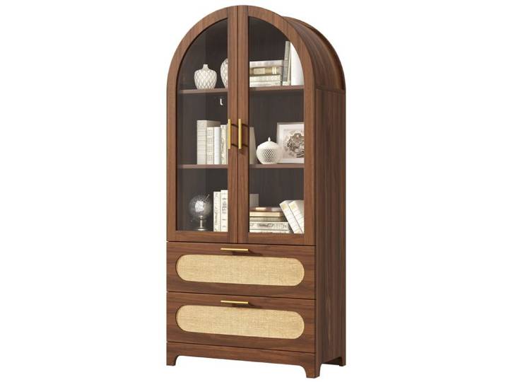 Vitrine 80x40x175 cm bois arche Montmartre portes vitrées poignées dorées tiroirs en lin étagères réglables