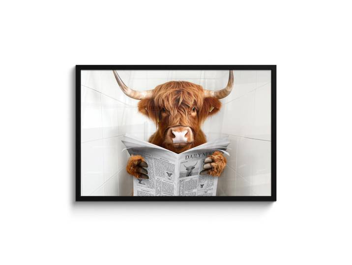MuchoWow Poster MIT Rahmen Schottischer Highlander - Tier - Zeitung - Toilette 90x60 cm, Kastanienfarben, Papier, Rechteckig, 90x60 cm, gerahmt, Bilder & Rahmen, Bilder
