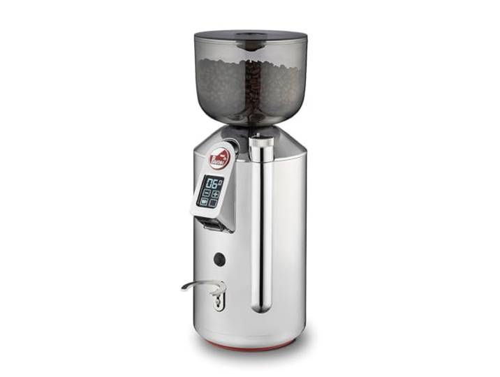 La Pavoni Zylinder, LPGGRI01EU Kaffeemühle, Tritan-Trichter und 50-mm-Flachmahlwerke, 500-g-Bohnenbehälter, Filterhalter-Zentriervorrichtung, LCD-Display, 310 W, Chrom