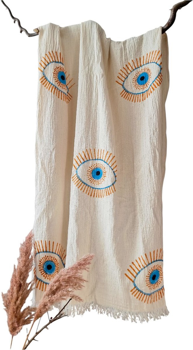 Ederlezi Mousseline Hamamdoek Peshtemal Saunadoek met Oranje Oog Motief - 100% Katoen - 90 x 170 cm