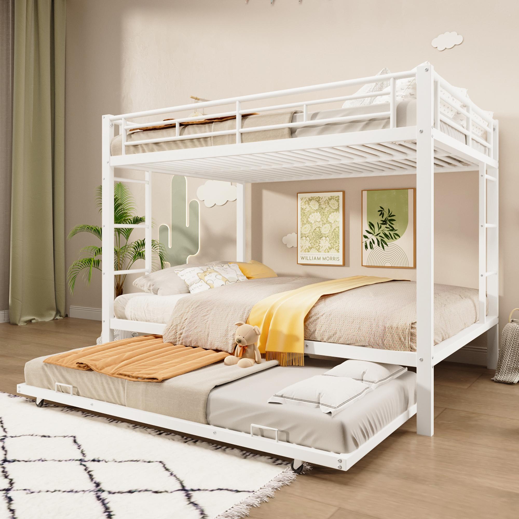140*200cm Etagenbett, Eisenrahmenbett, Kinderbett, ausgestattet mit Ausziehbett, hohe Geländer,ohne Matratze, Weiß