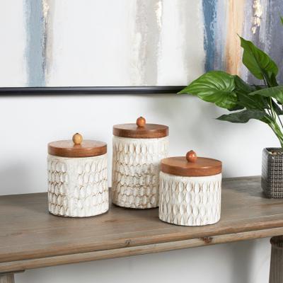 ARCILLA ELEMENTAL Cream Paper Mache Handmade Carved Spotted Geometric Decorative Canisters with Brown Removable Lids (Set of 3)