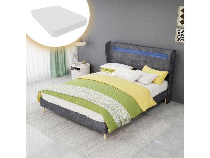 Cadre de lit - SOGEU - Modern Minimalist - 140 x 200 cm - Tête de lit LED intégrée - Matelas inclus