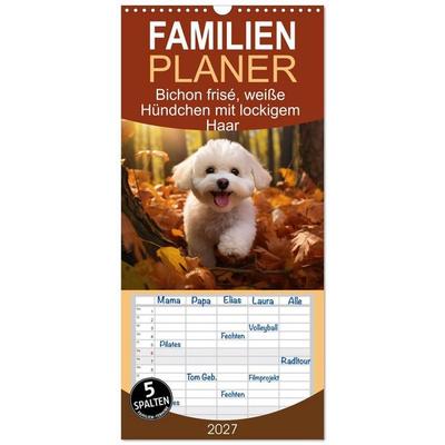 Familienplaner 2027 - Bichon frisé, weiße Hündchen mit lockigem Haar mit 5 Spalten (Wandkalender, 21 x 45 cm) CALVENDO
