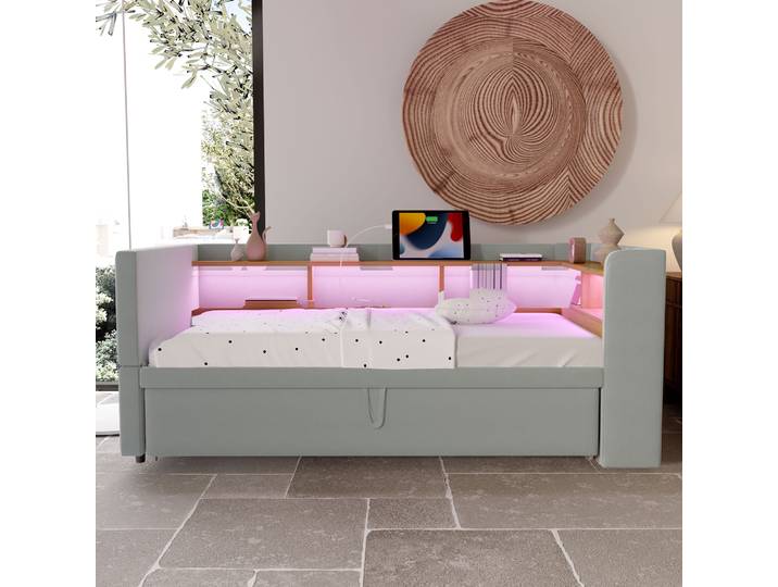 KOMHTOM Canapé-lit rembourré extensible multifonctionnel, lit simple 90/180x190 cm avec prises LED