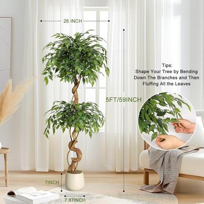 YUN 4 ft Artificial Ficus Tree with Curved Trunks in White Planter