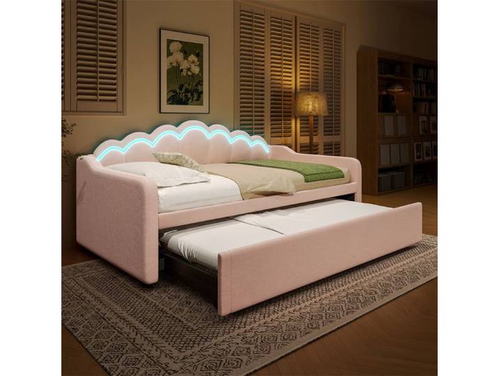 Canapé-lit - YEHTOKHOME - 90x200 → 180x200 (extensible) - Velours rose - Lit gigogne avec LED - Sommier à lattes