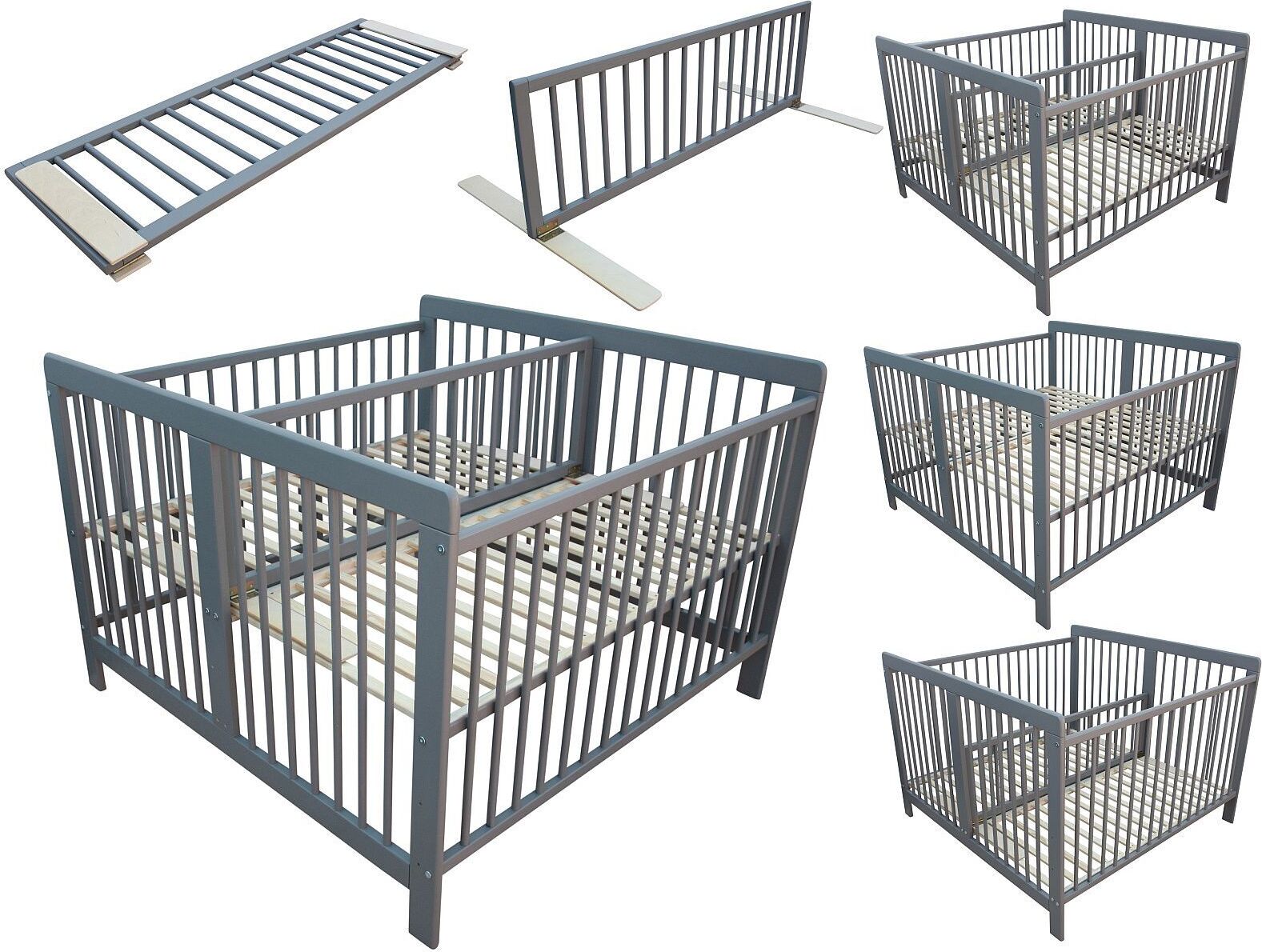 Zwillingsbett Kinderbett für Zwillinge 2in1 massiv grau 120x120 cm und Trenngitter