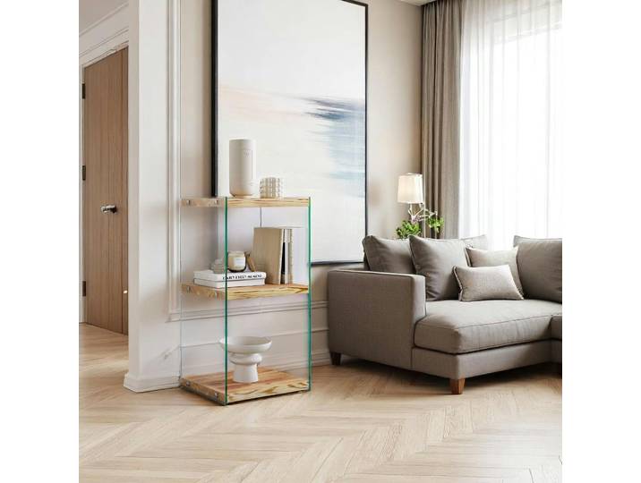 Colonne étagère design verre / bois LHASA - Bois clair, 3 plateaux