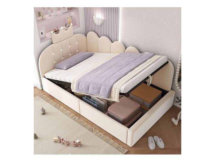 MODFU Polsterbett 90x190 cm mit Stauraum, aus Samt, Kronen-Design (Packung, 1-tlg., Hydraulischer Stauraum & Kronen-Gitter-Design), Ideal für Kinder- & Gästezimmer, ohne Matratze