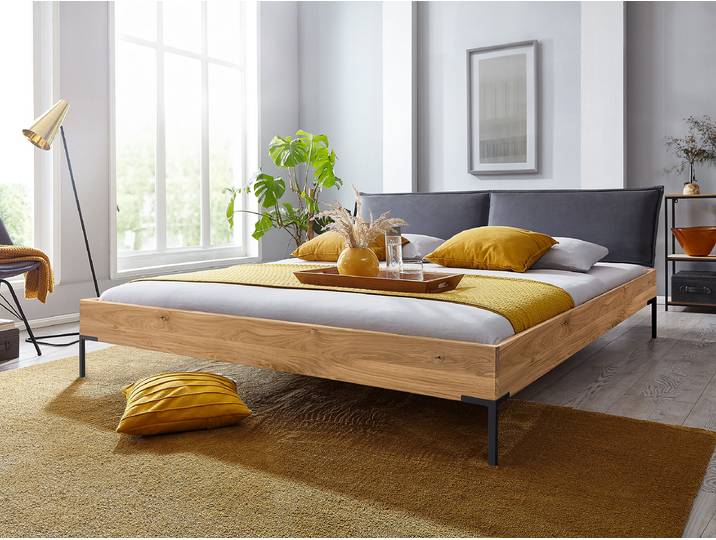 Massivholzbett Kevir mit Polsterkopfteil 160 x 200cm Microfaser Braun Eiche