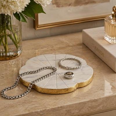 Sagebrook Home "Stone Marble Trinket Tray Round Floral Design Modern Glam - 1"" White - 8"" x 8"" x 0.5"""