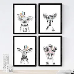POSTER Set mit 4 Kindertiere mit farbigen Federn A4 Rahmenlos