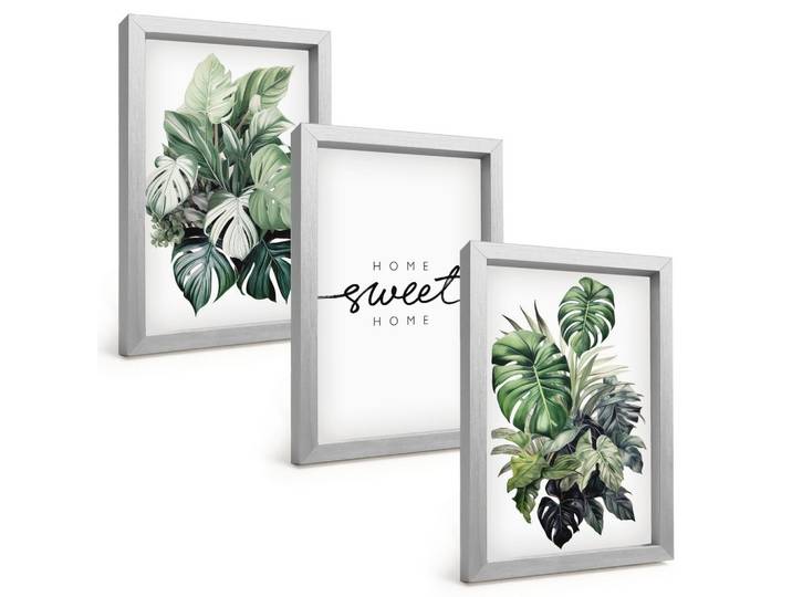 BILDER SET 3er Set - 20x30 cm Silberner Rahmen - Pflanzen mit der Aufschrift „Sweet Home“