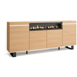 SKRAUT HOME Sideboard, Highboard, 200x87x35cm, 4 Türen, Elektrokamin., Industriedesign, Eiche Soft und weiß