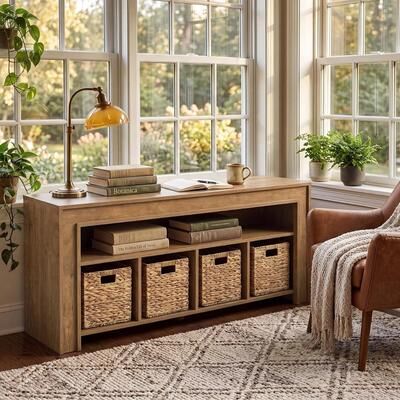 BLUEBELL "63"" Bookcase with 4 Woven Baskets, Wooden Horizontal Bookshelf/ Cube Storage Cabinet - 63"" W x 13.78"" D x 25.59"" H"