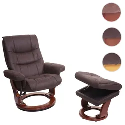 MCA Relaxsessel HWC-J42, Fernsehsessel TV-Sessel Hocker, Stoff ~ schwarz-braun Wildleder-Imitat, Gestell Walnuss-Optik
