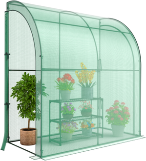 Costway 7 x 3.5 x 7 Feet Lean-to Greenhouse with Flower Rack-Green