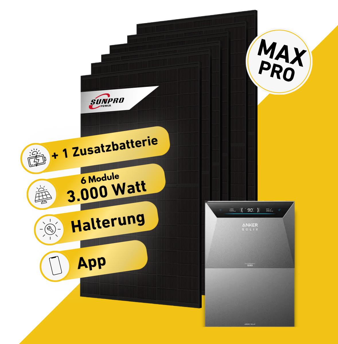 Balkonstrom Balkonkraftwerk 3000W mit Speicher | 1xZusatzspeicher | Fassadenhalterung 90 Grad | 6xSolarmodul Bifazial | Anker Solix 4 Pro |Kabel 15m