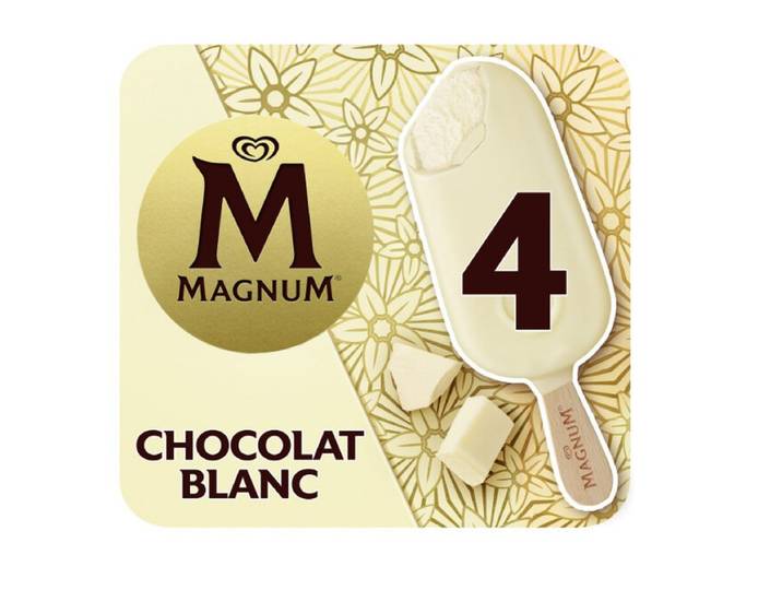 Magnum Glace Bâtonnet à la Vanille Enrobage Chocolat Blanc x4 294 g