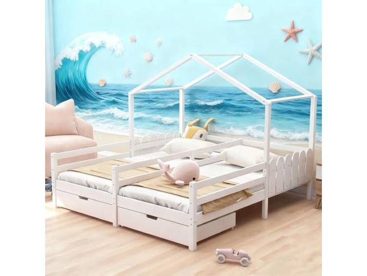 Ball & Cast Bodenbett (90x200cm) mit 2 Schubladen, Hausbett mit Rausfallschutz und Lattenrost für 2 Kinder, EStabil & Rauschlos, Weiß
