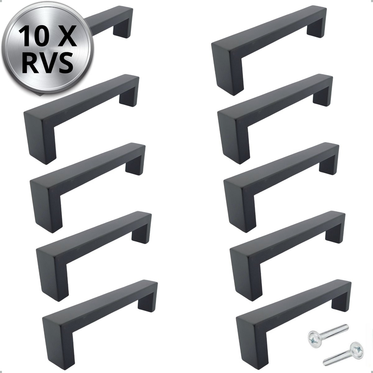Set van 10 zwarte RVS handgrepen voor keukenkastjes en deurtjes - Boormaat 160mm - By MJM