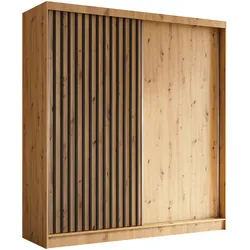 KLEIDERSCHRANK mit furnierten Schiebetüren und Aluminium-Leisten - LABELO - 200 cm Artisan+Artisan+Schwarz