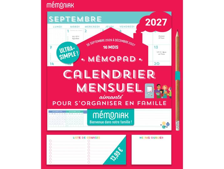 Mémopad, calendrier mensuel aimanté Mémoniak 2027 - pour s'organiser en famille : 16 mois, de septembre 2026 à décembre 2027 (Broché)