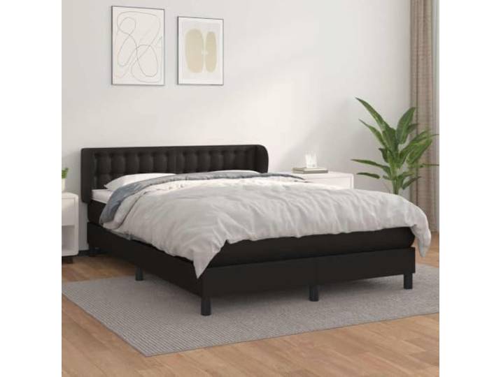 Boxspringbett Kunstleder 140 x 200 cm, Schwarz mit Matratze mit Knöpfen Kunstleder mit Massivholz Lärche, höhenverstellbares Kopfteil, Taschenfederkernmatratze 140 x 200 cm, inkl. Topper