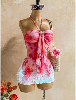 Universal Stock Floral Halter Tie Neck Off Shoulder Blouse For Women Summer Vacation Camisoles m