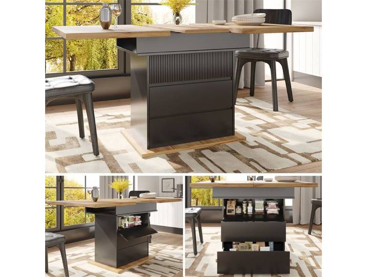Table Extensible Salle a Manger avec 3 Rangement Table Carrée Extensible Table de Cuisine 4 à 6 Personnes Noir 110-140×80cm