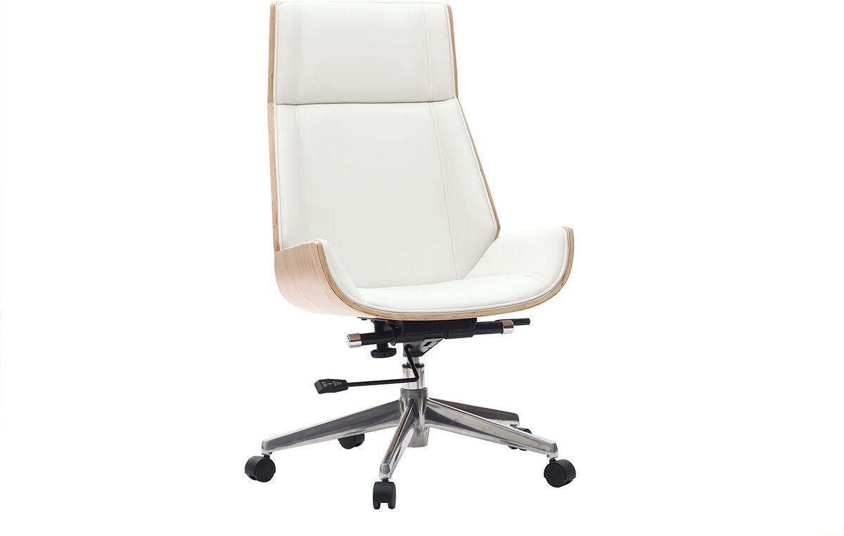 Miliboo Fauteuil de bureau de direction design blanc, bois clair et acier chromé CURVED
