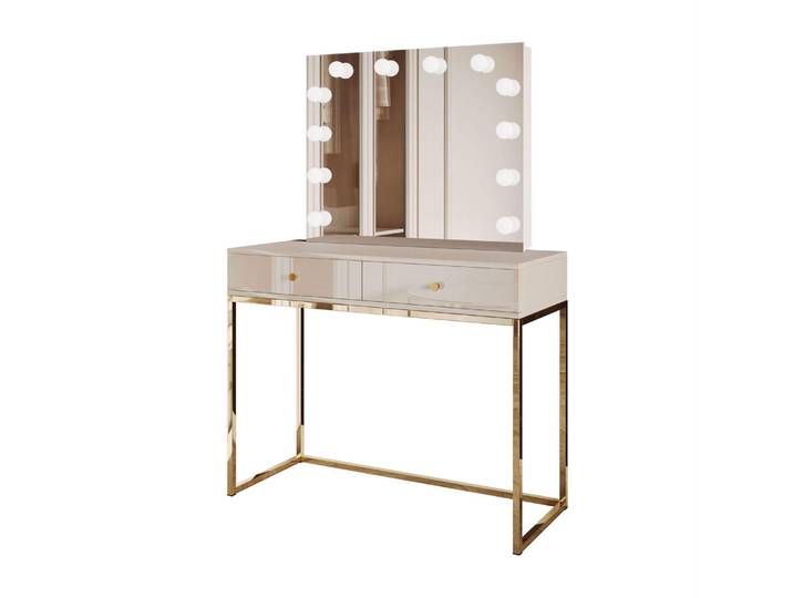 Schminktisch BLANCO KASZMIR ELITE mit Spiegel und Beleuchtung, goldfarbenes Chrom, goldener Griff