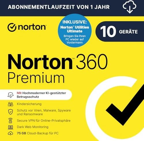 Norton 360 Premium 75 GB, VPN, 1 Benutzer, 10 Geräte, 36 Monate  (ESD)