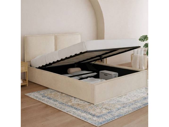IDMARKET Lit coffre double PILOU avec tête de lit oreiller et sommier 140 x 190 cm velours beige