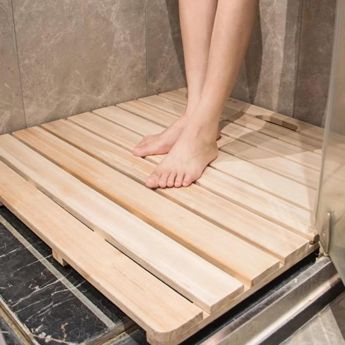 Houten Badmat met Antislip Lattenontwerp voor Senioren - Natuurlijk - 60 x 70 cm
