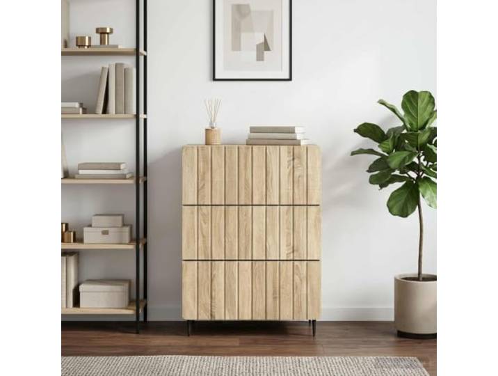 HPUYRFG Schubladenschrank 66 x 34,5 x 92 cm Holzwerkstoff Sonoma-Eiche Moderne Optik, Streifenmuster, 4 Schubladen, Eisenbeine, pflegeleichte Oberfläche, vielseitig nutzbar